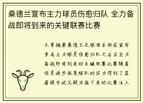 桑德兰宣布主力球员伤愈归队 全力备战即将到来的关键联赛比赛