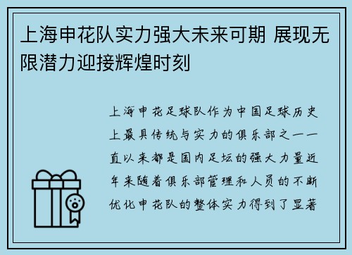 上海申花队实力强大未来可期 展现无限潜力迎接辉煌时刻