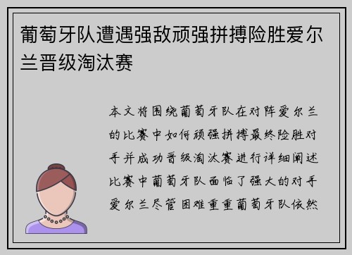 葡萄牙队遭遇强敌顽强拼搏险胜爱尔兰晋级淘汰赛